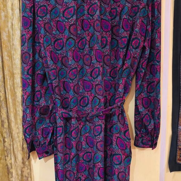 Vintage 1970s Satin Jewel-Tone Shirtwaist Dress - Picture 8 of 11